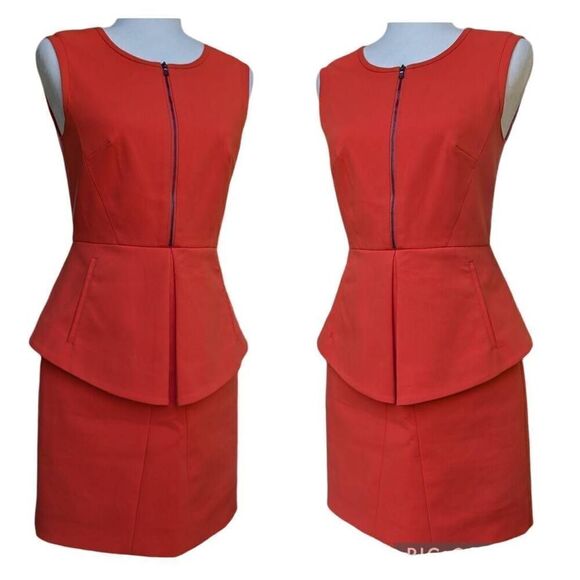 tibi Orange Reddish Peplum Mini Dress Two Zip Stretch Lined Size 4 City Cocktail - Picture 4 of 14